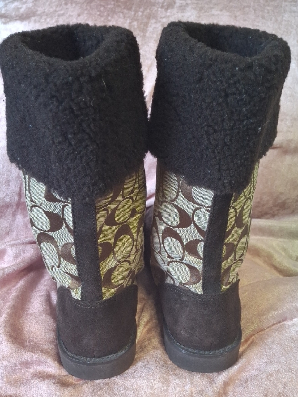 EUC Coach Brown Suede and Tan Signature Canvas Shearling-Trim Boots Size 9 - Picture 4 of 7